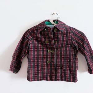 1950&#39;s Vintage Boys Plaid Patterned Fine Wale Corduroy Double Breasted Jacket 8 -10 dark red blue Magical green lining home sewn