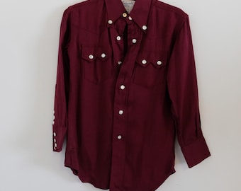 1950's Vintage Kids Boys Rayon Gabardine Dark Maroon Western Shirt Long Sleeve Size 4 size Pearl Snaps Yoke, Pockets and Cuffs Cowboy