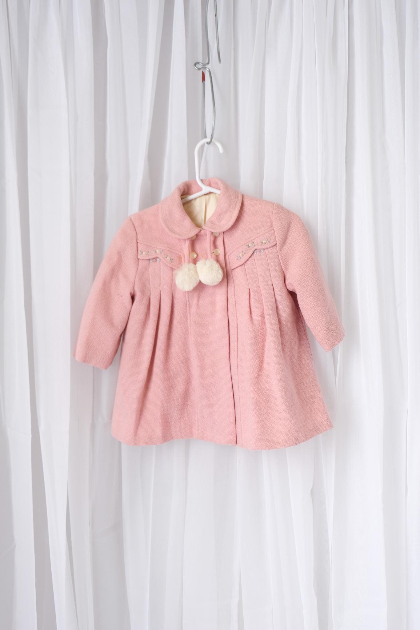 1950's Vintage Little Girls Wool Pink Aline Coat and Cap Double Breasted with Puff Mink Tie Balls Long Sleeves-size 4T