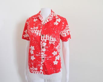 1980's Vintage Printed Red White Cotton Hawaiian Shirt Boys XL Tropical Womens XXS