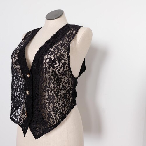 Débardeur oversize en dentelle noire transparente vintage des années 1980 côtés profonds moyens