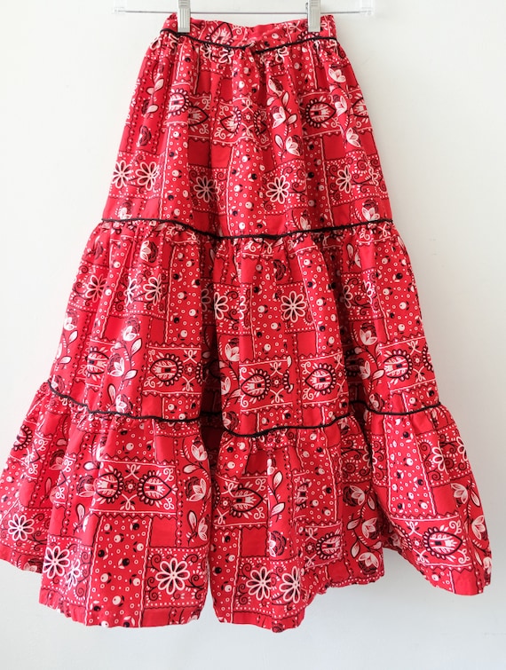 1950's Vintage Red Bandana Print Cotton Tiered Novelty Print Skirt