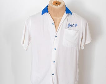 1950's Vintage White and Royal Blue Mens Rayon Bowling Shirt Sleeve Shirt Small Tag: TEN STRIKE King Louie  US Bank National Bank