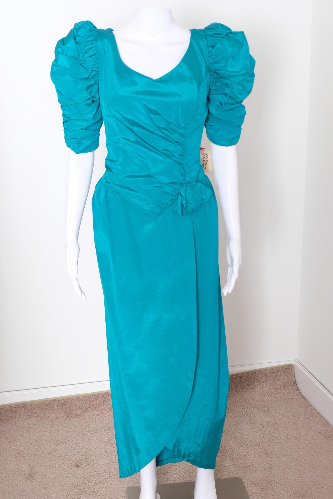 1980's Vintage Dramatic Prom Gown Dress teal taffeta fitted bodice Elbow Length Puff sleeves cross over narrow Tulip skirt Never worn 28"