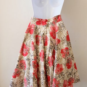 1940's Vintage Red Pink Gold Floral Bias Full Skirt Cotton Novelty Print Skirt with Front Yoke Waist Band 24 waist Perfect For a Picnic image 8