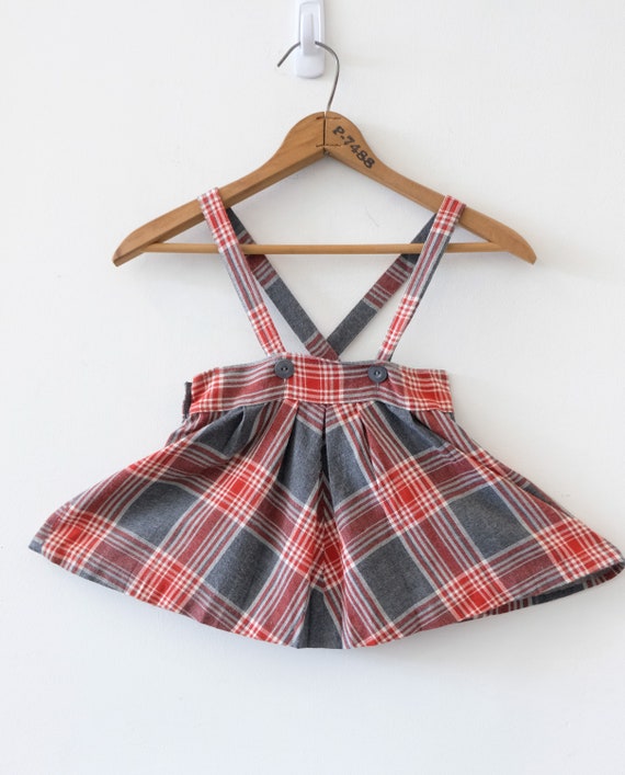 1950's Vintage Girls Plaid Grey Red Wool Pinafore… - image 7