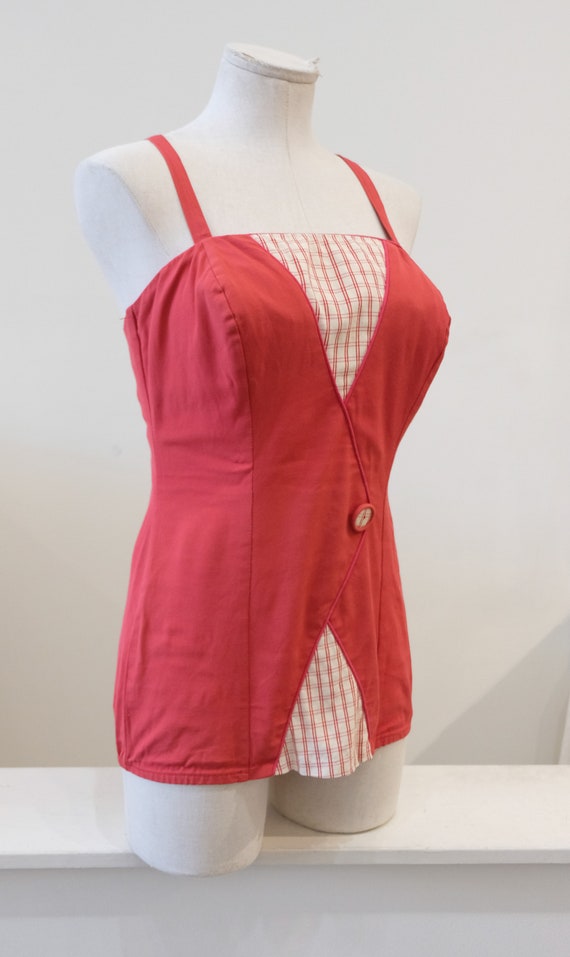 1940's One Piece Red Swimming Suit w/ White Plaid