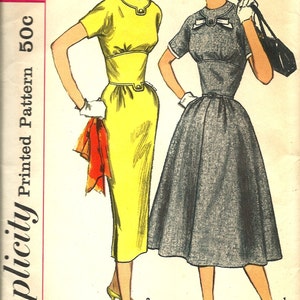 1950&#39;s Vintage Simplicity 1953 Dress Sewing Pattern  Size 16 Bust 36&quot; 1 piece dress with two skirts and detachable neckline & sleeve trim