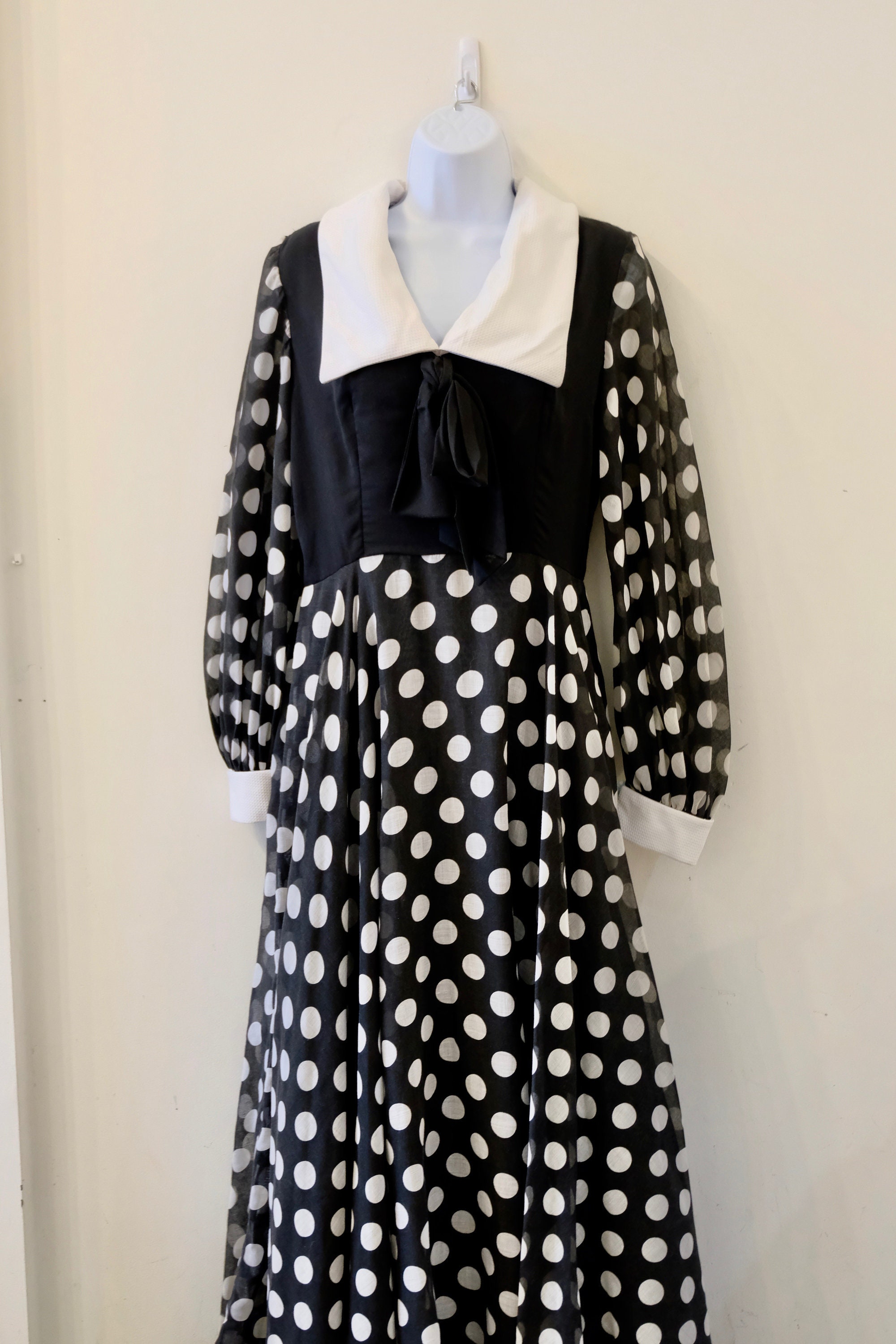 1970's Vintage Black and White Polka Dot Cotton Maxi Gown Dress White Collar & Cuffs, Black Bodice w/ Bow, Full Length Lined Sheer Skirt