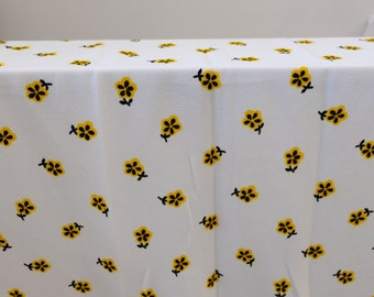 1970's Vintage Bright White with Yellow and Black Flowers Large Print Double Knit Polyester Fabric w/ Smooth Texture 2 yards 21" by 60" wide