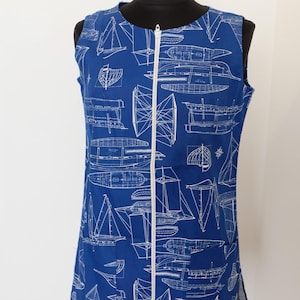 1960&#39;s vintage never worn ship n shore blue white canvas cotton nautical novelty print zip up smock top tunic with hip patch pockets  xs