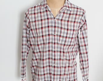 1950's vintage cotton mens plaid long sleeve shirt Medium