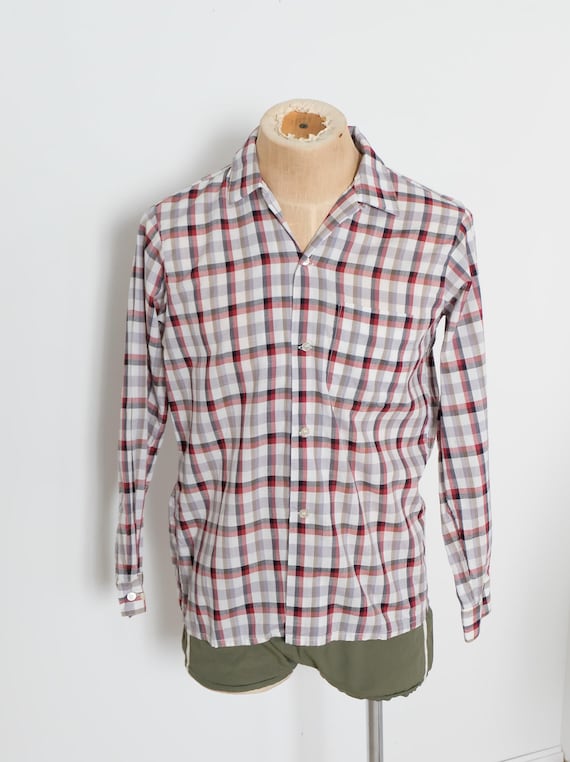 1950's vintage cotton mens plaid long sleeve shirt Medium