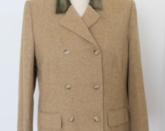 1980's vintage olive ivory tweed double breasted blazer, sport coat, suit jacket with an olive velvet collar Jones New York 16W