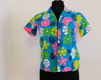 Vintage 60s Hawaiian Shirt: Bold Groovy Flower Power Print Cotton Aloha Shirt Boys 12 womens zero Turquoise Blue