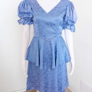 1980&#39;s Vintage Steel Blue Shiny Brocade Satin Cocktail Prom Dress Formal Fitted Satin Skirt Semi Deep V Back and Front Neckline Puff Sleeve