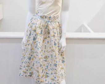1950's Vintage Fancy Women with Challises Toredor Bull  floral novelty print full Skirt cotton 27" waist White  Black Mustard and Turquoise