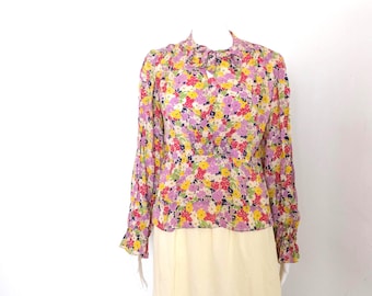 1930's vintage floral crepe chiffon rayon printed blouse x small - 2