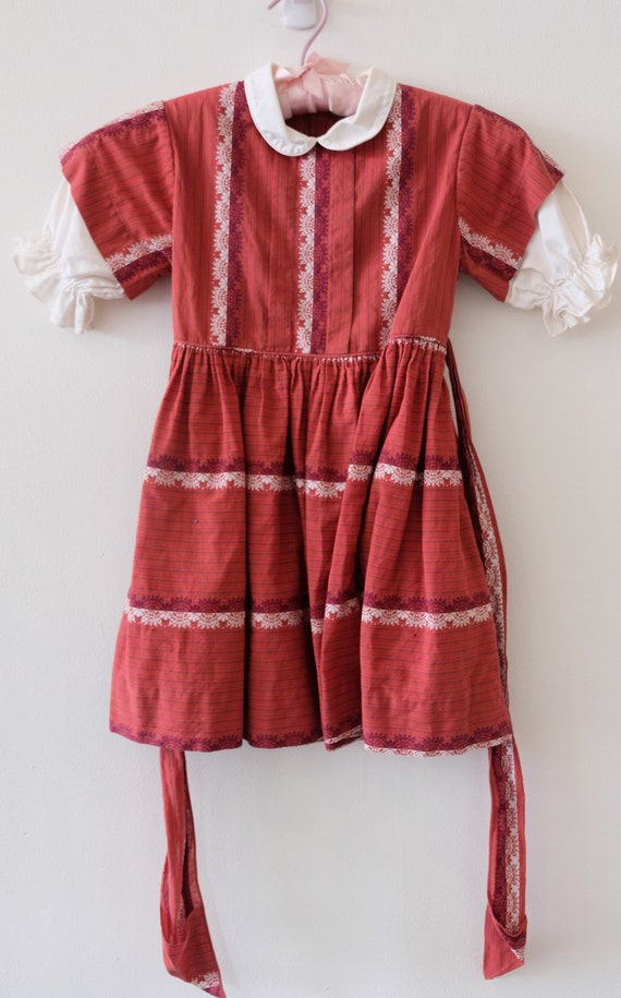 1950's Vintage Girls Red Medallion Striped Cotton… - image 1