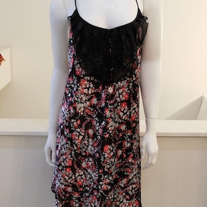 1990&#39;s Vintage Black with Pink Gray White Floral Satin Slip Dress Nighty Size Sheer Cowl Ruffle  Lace Detailing adjustable straps George XL
