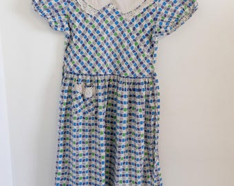 1940's Vintage Little Girl Dress Bright Blue Green and White Cotton Fabric w/ Puff Sleeves Tween sized 14 Tie & Button Back  Very Dust Bowl