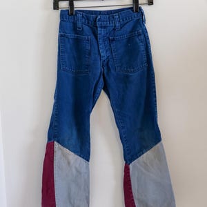 1970&#39;s Vintage Kids Denim Cotton 3 Tone Bell Bottoms Pants Jeans Waist-size XS 22&quot; waist 23&quot; inseam super cool size boys 8