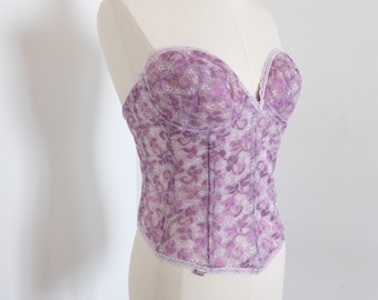 1950's Vintage Purple White Lace Corset Bustier Brassiere xs - s