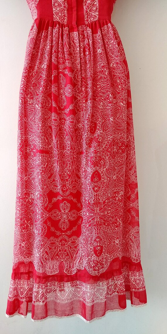 1970's Vintage Red White Light Cotton Empire Wais… - image 7