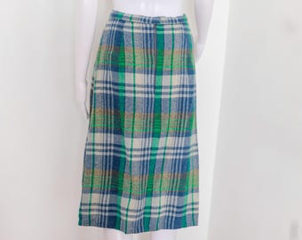 1960's Vintage Green Blue Plaid Wool Office Style A Line Skirt 26" waist