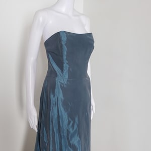 2000&#39;s Vintage Gown Simple Steel Grey Blue Taffeta shimmer strapless prom gown with Strapped Back Luminous and Ethereal Fishtail Base