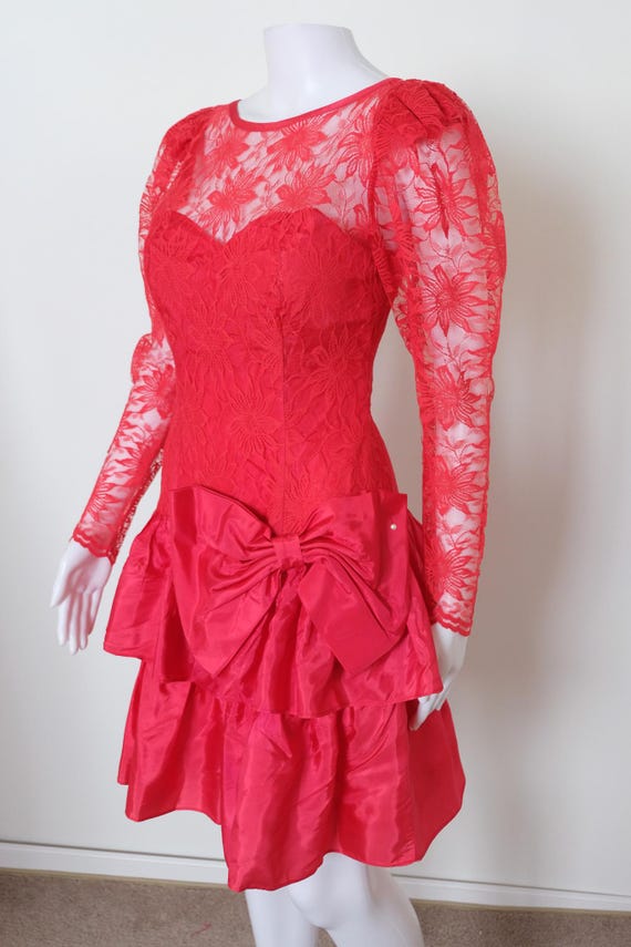 DANCE ALLURE, vintage 1980s evening dress, RED off-the-shoulder prom gown, ruffled tiered skirt