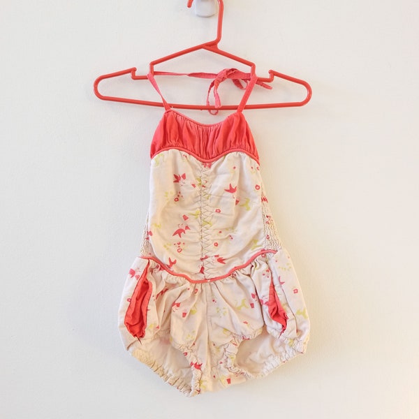 1950's Vintage Baby Girls Swimsuit Cotton One Piece Halter Sweetheart Neckline Red Pink Green White Homemade size 6M