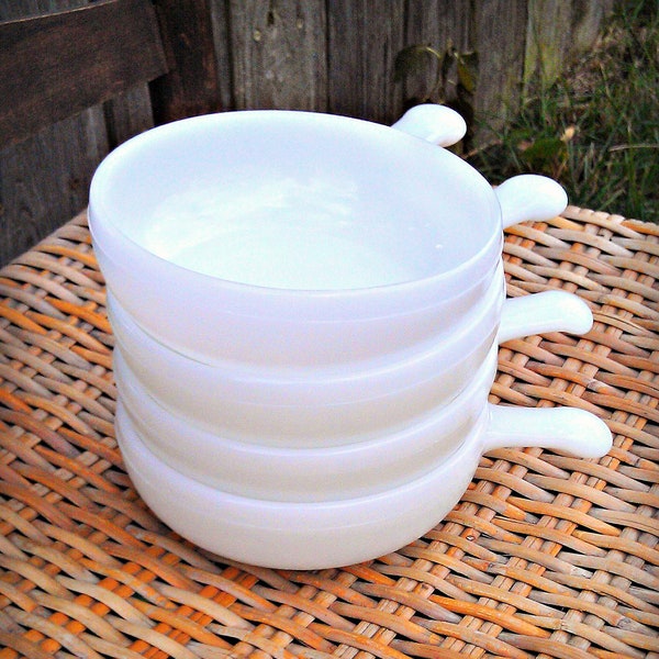 Vintage White Milk Glass Handled Soup Bowls by Glasbake