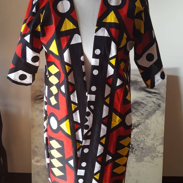 African Kimono, women's Red, Yellow, Black and White, Ankara Print, African Clothing, African Coat, African Jacket,