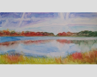 Richmond Park Lake Reflections - Original Panoramic Watercolour Painting - Nature - Landscape - 15cm x 29cm