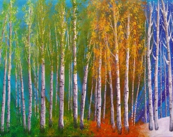 20"x30" Silver Birch Four Seasons - Original Acrylic Painting on a Deep Edge Stretched Canvas - Nature - Landscapes - Trees