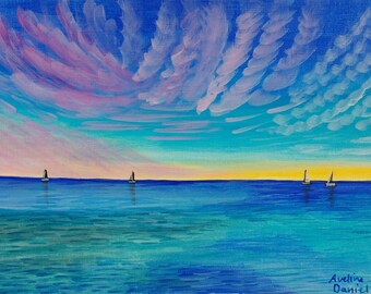 Boats on the Sea - Original Acrylic Painting on Acrylic Paper - 7"x10" - Seascape - Impressionist