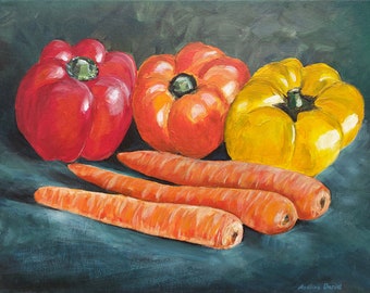 12"x16" Still Life Peppers and Carrots - Original Acrylic Painting on stretched Canvas