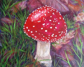 30cmx30cm Fairytale Toadstool - Fly Agaric - Amanita Muscaria - Mushroom - Original Acrylic Painting on a Canvas Panel - Nature - Still Life