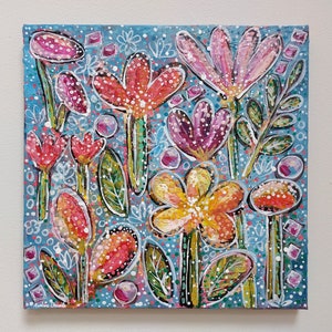 12x12 Colourful Abstract Flowers Original Acrylic Painting on a Stretched Canvas Floral Painting Nature Painting Blue Background image 2