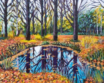 16"x16" Autumn Trees Water Reflection - Original Acrylic Painting on a deep edge stretched Canvas - Nature-Abstract-Landscapes-Impressionism