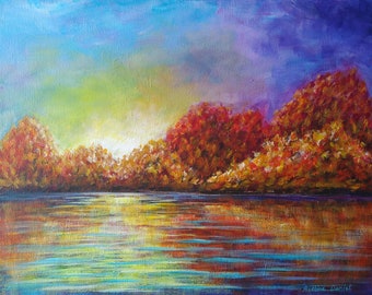 11"x14" Colourful Autumn Sunrise Lake Reflection - Original Acrylic Painting on a Stretched Canvas - Nature - Landscapes