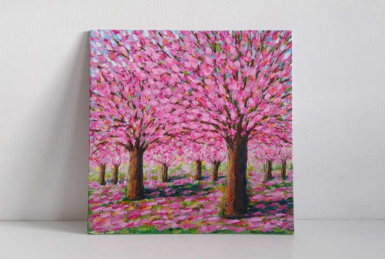 Ciliegia Alberi Fiori Rosa Pittura Acrilica Originale su ...