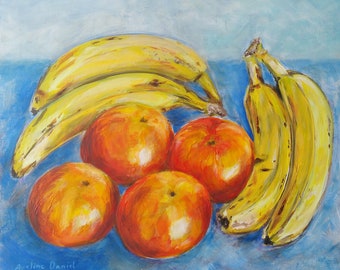Bananas and Oranges Still Life - Original Acrylic Painting on a Flat Cardboard Painting Board - 10"x12" - Fruit - Still life