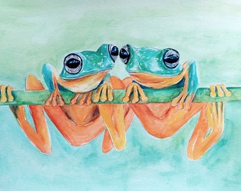 A4 Two Tree Frogs - Original Watercolour Painting on Watercolour Paper - Animals - Nature - Amphibians