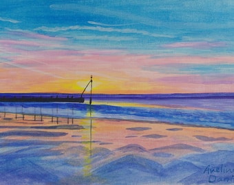 Seascape Beach Sunset - Original Acrylic Painting on Acrylic Paper - 7"x10" - Impressionist