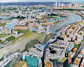 7"x10" View of the River Thames London - Original Watercolour Painting on Watercolour Paper - Cityscapes - Urban Landscapes