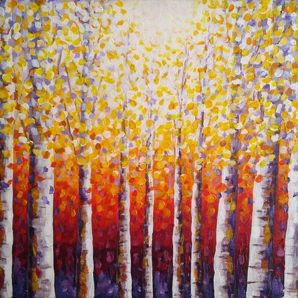 Autumn Light Silver Birch Trees - Original Acrylic Painting on Box Canvas - 12"x16" - Nature - Abstract - Impressionism