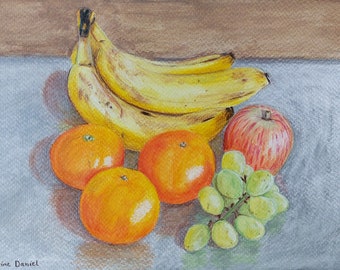 7"x10" Bananas, Oranges, Apple and Grapes - Still Life - Original Watercolour Painting on Watercolour Paper - Fruit - Food