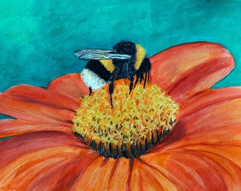 A4 Bumblebee on a Red Flower - Original Watercolour Painting on Watercolour Paper - Floral Art - Insects - Nature - Plants